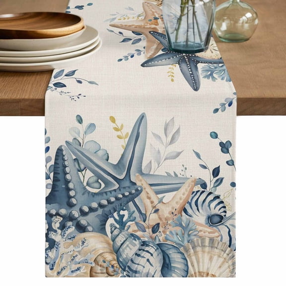 Table Runner - 72 Inch Long, Blue Eucalyptus Coastal Kitchen Dining Table Runner Dresser Scarves, Beach Starfish Shell Nautical Rustic Farmhouse Decor for Coffee Tables Wedding Party Banquet