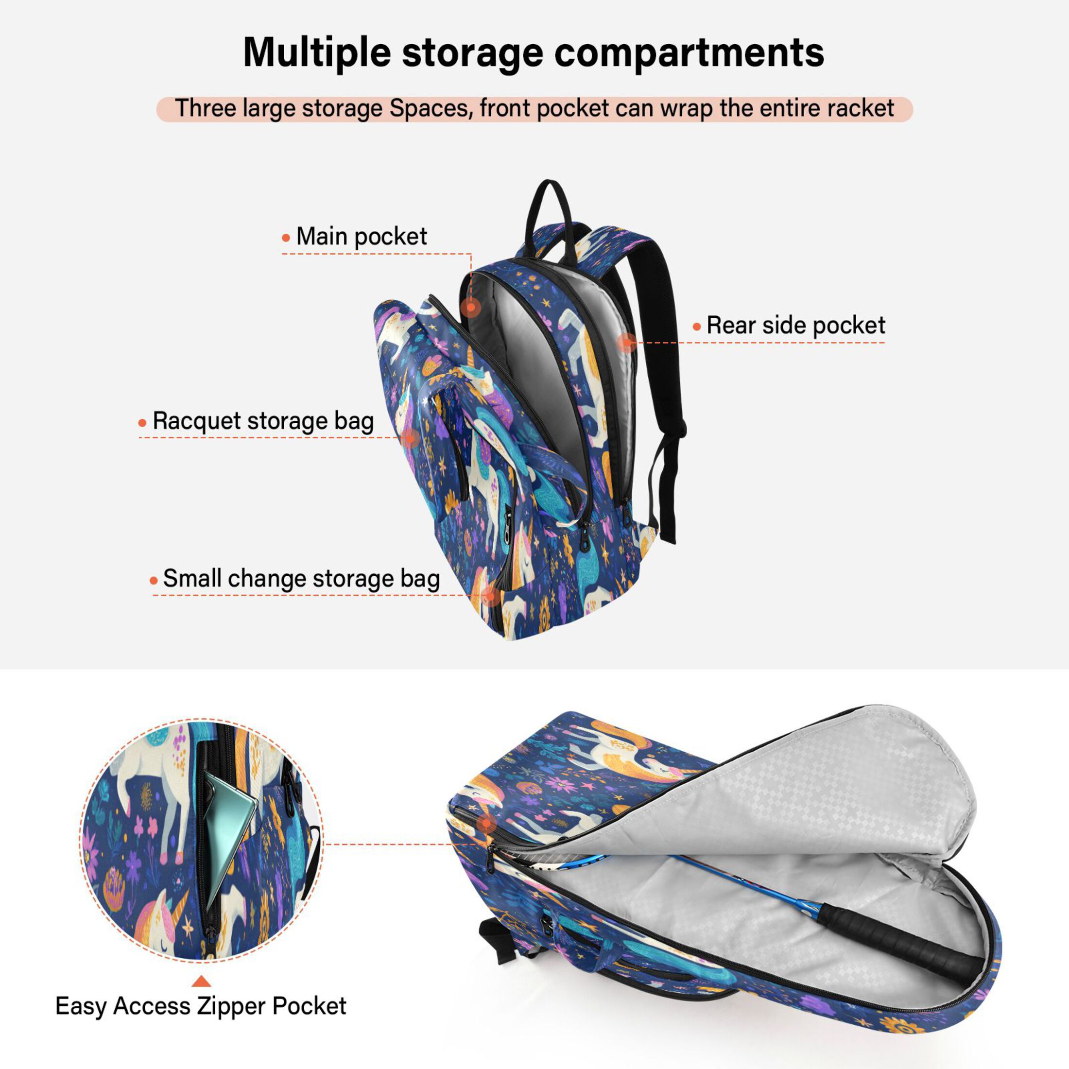 2 Racquet Holder Tennis Backpack Tennis Racket Covers Gym Bags Whimsical Unicorns
