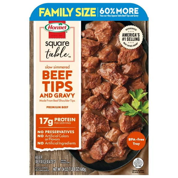 HORMEL SQUARE TABLE Slow Simmered Beef Tips and Gravy Family Size Refrigerated Entrée Chopped, Refrigerated, 24 oz Plastic Tray
