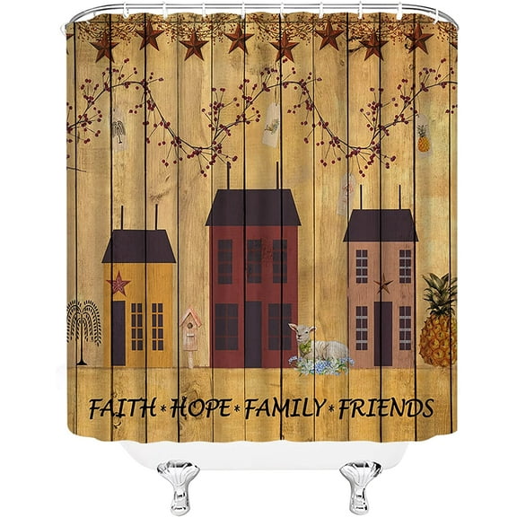 Primitive Rustic Shower Curtain Vintage Farmhouse Birdhouse Hope Faith Family Country Shabby Wooden Board Barn Door Twigs Berry Farm Retro Bathroom Decor with Hooks,Brown-60"W x 72"L (Pack of 1)