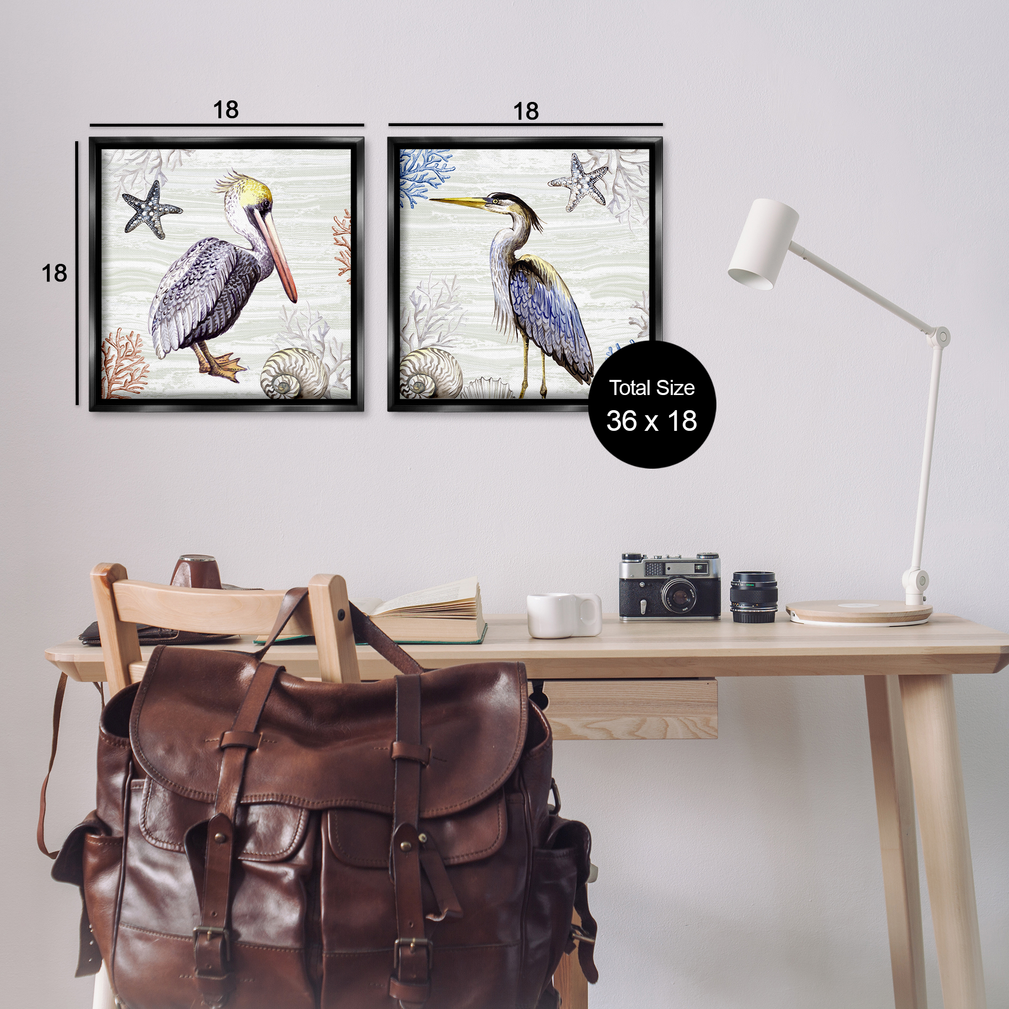 Stupell Industries Coastal Pelican & Heron Animals Painting Black Floater Framed Canvas Art Print Wall Art, 18 x 18, Set of 2