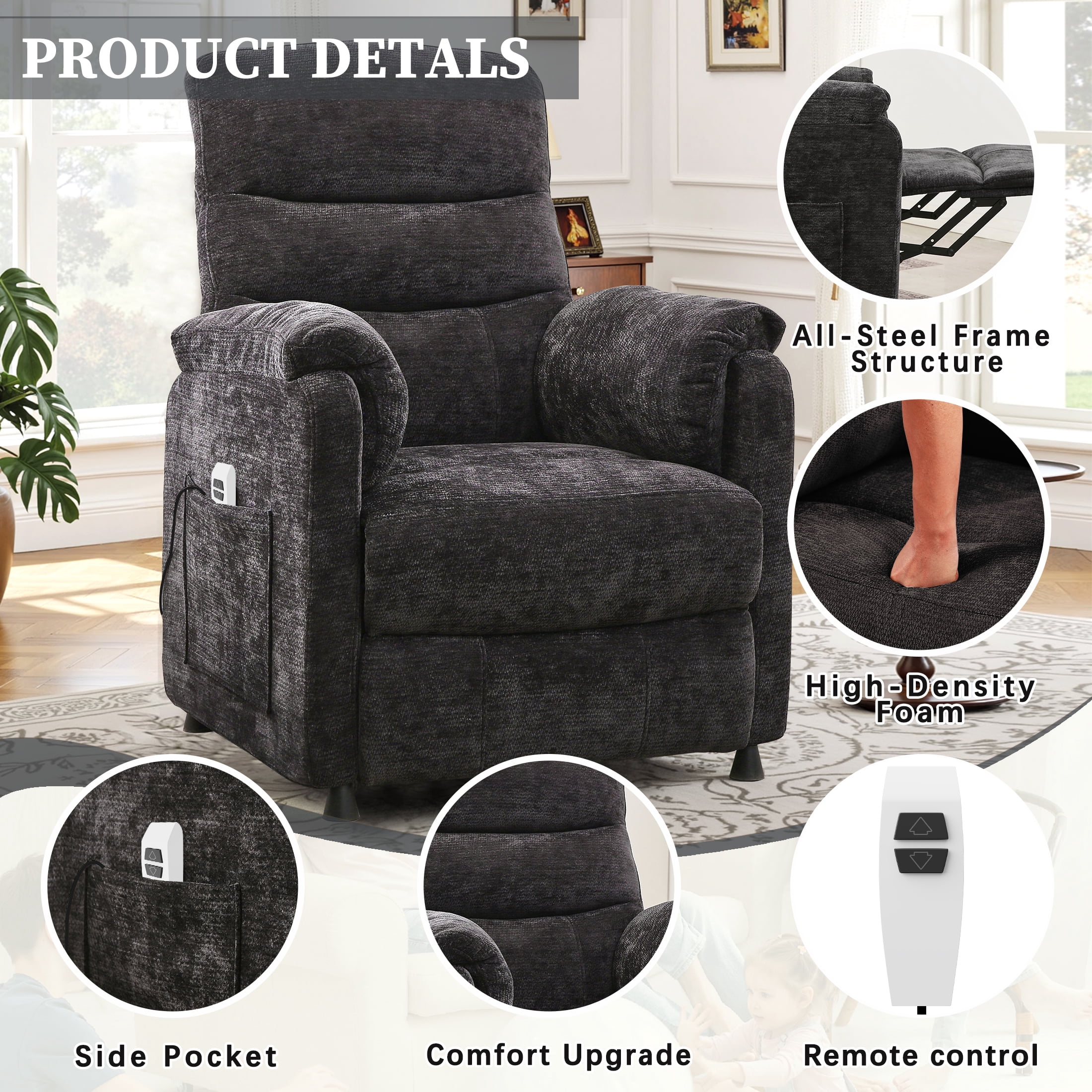 Electric Power Recliner Chair, Modern Chenille Fabric Recliner with Side Pocket & Remote, Nursery Recliner Chair for Living Room Small Space, Black