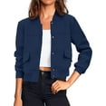 thumbnail image 3 of Long Sleeved Women Button Down Casual Crop Coat Bomber Jacket, 3 of 6