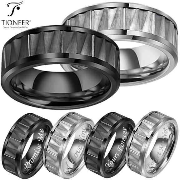 Tioneer Tungsten Carbide Silver or Black Faceted Center Design High Polish Wedding Band Ring Mens Womens 8MM w/ FREE Engraving