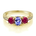 thumbnail image 2 of Gem Stone King 2.87 Ct Oval Blue Tanzanite Red Created Ruby 18K Yellow Gold Plated Silver Moissanite Ring (Size 8), 2 of 4