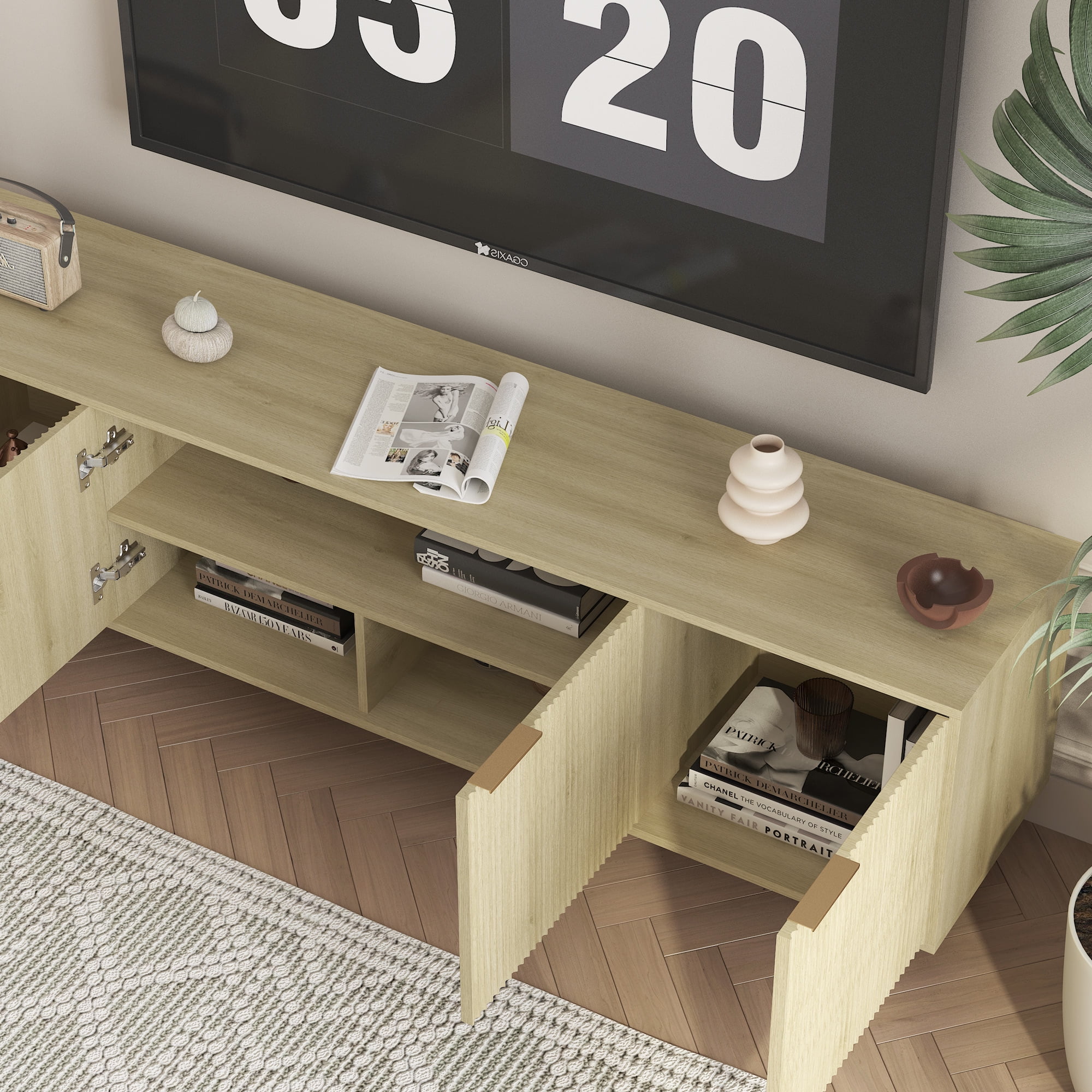 Aukfa Modern TV Stand for 75 inch TV with Door for Living Room Bedroom,Natural