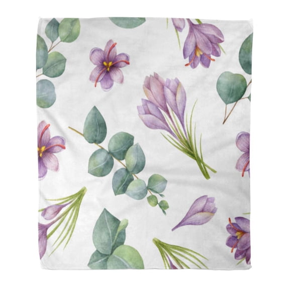 ASHLEIGH 58x80 inch Super Soft Throw Blanket Watercolor with Silver Dollar Eucalyptus Leaves and Flowers of Saffron Home Decorative Flannel Velvet Plush Blanket