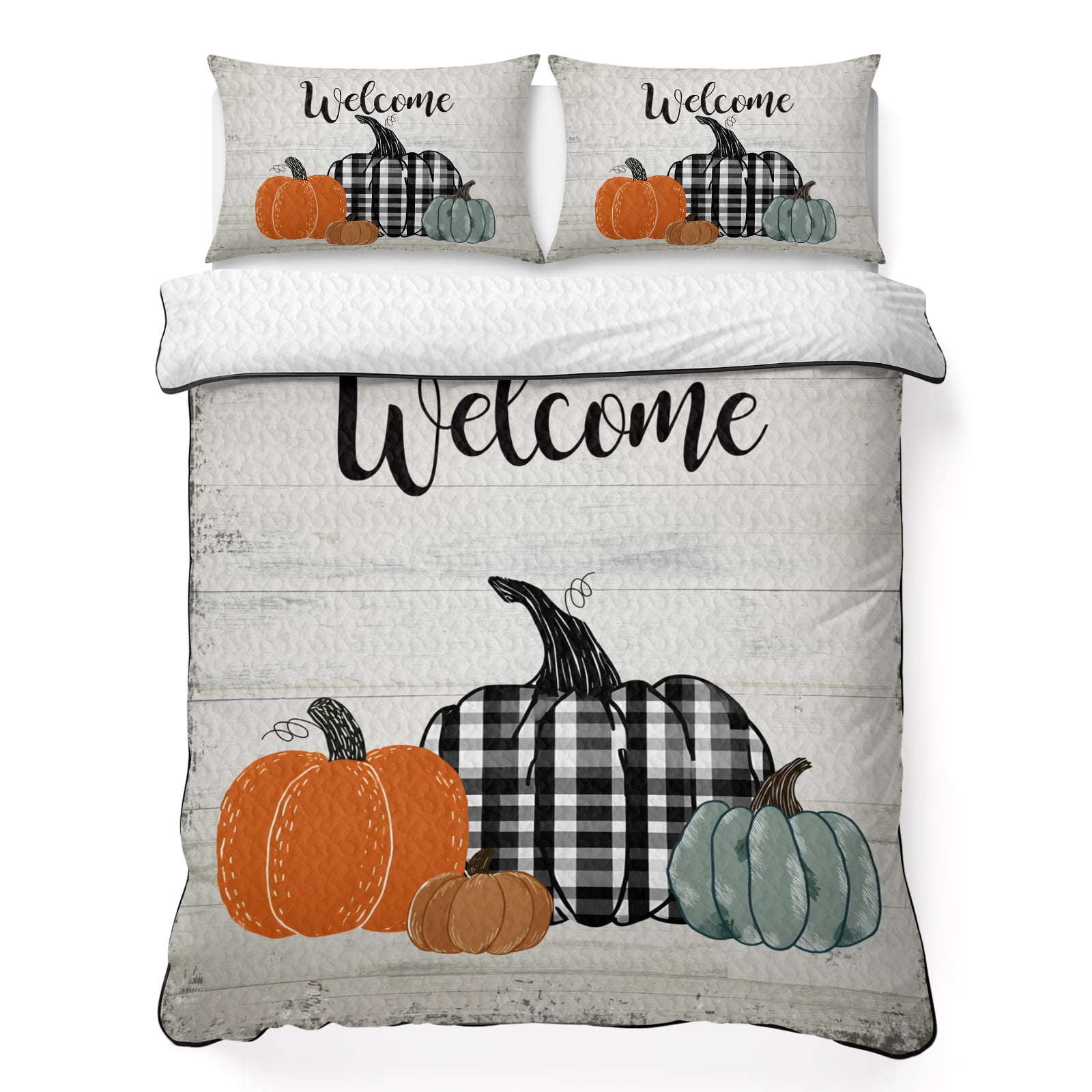 Twin XL Quilt Bedding Set Thanksgiving Pumpkin Wood Board Lightweight Summer Quilted Coverlet for Hot Sleepers Watercolor Fall Botanical Breathable Soft Cooling Blanket with 2 Pillow Shams