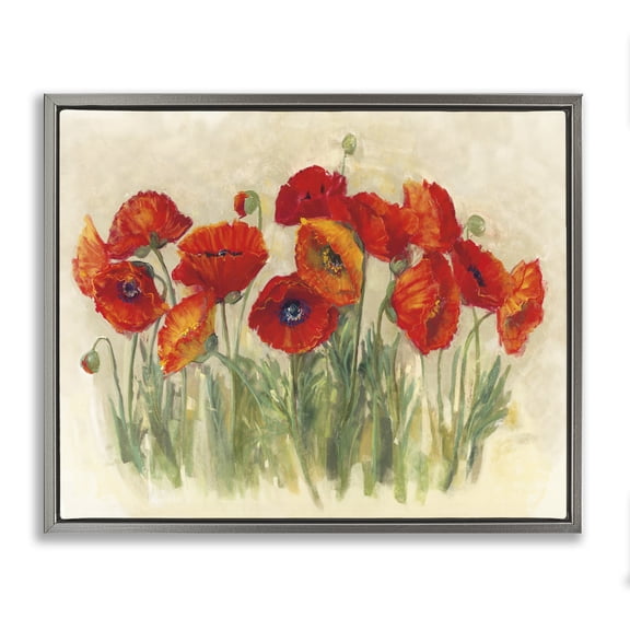 Stupell Industries French Country Red Poppy Florals Soft Green Meadow Grass Gray Floating Frame Canvas Art, 21 x 17, by Carol Rowan