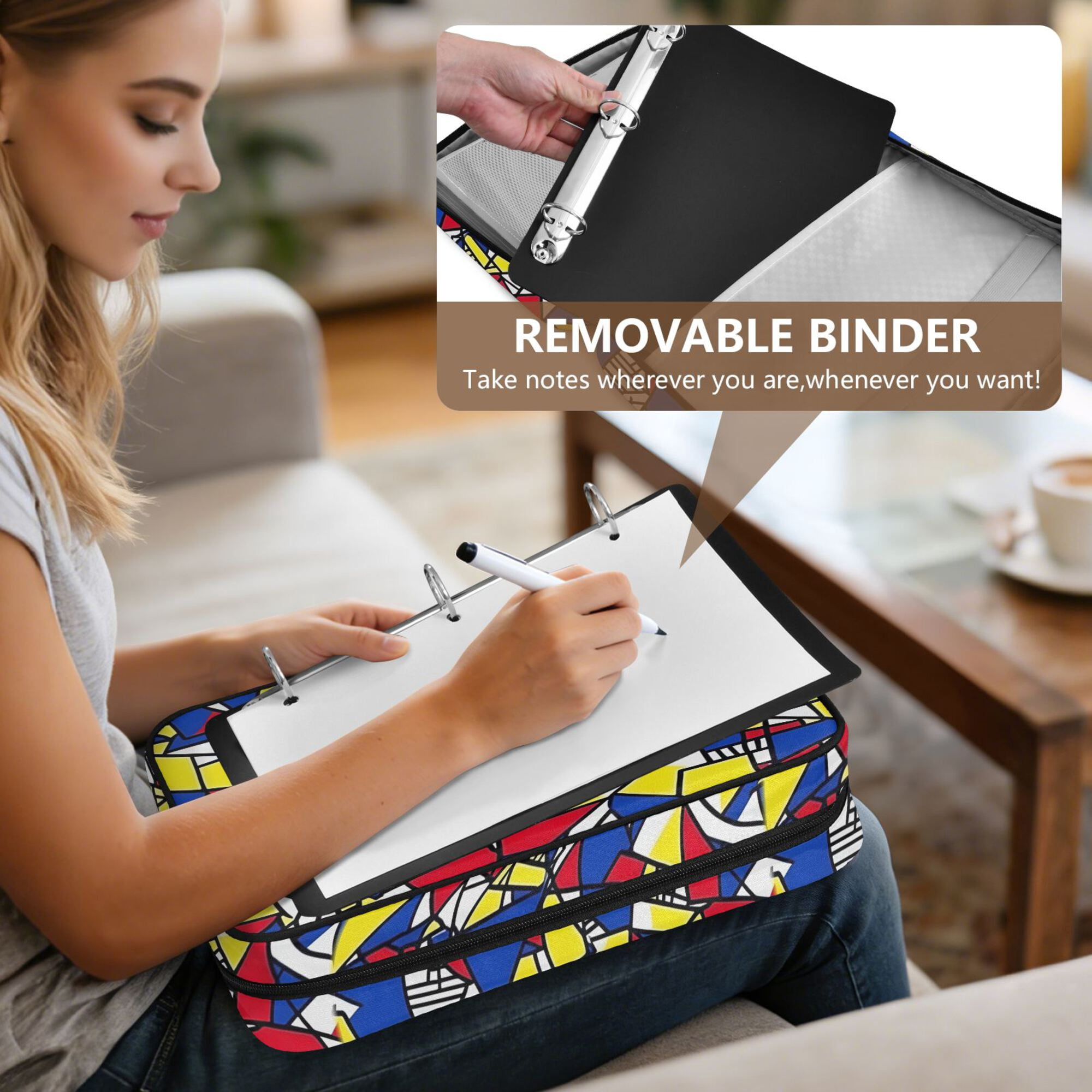 FORMRS Accordion File Folder A4 Size 7-Pocket Expanding Document Organizer Bag with 3 Ring Binder, Art Triangles
