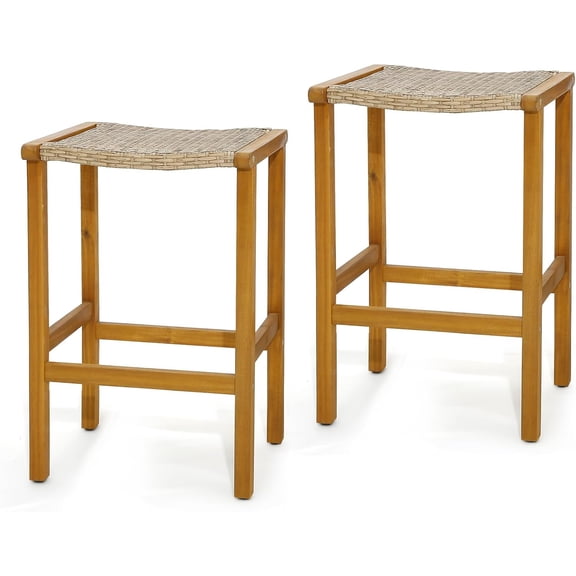 WJSP Outdoor Bar Stools Set of 2, 30" Acacia Wood Bar Height Stools with PE Rattan Saddle Seat, for Patio, Garden, Poolside and Balcony, Teak