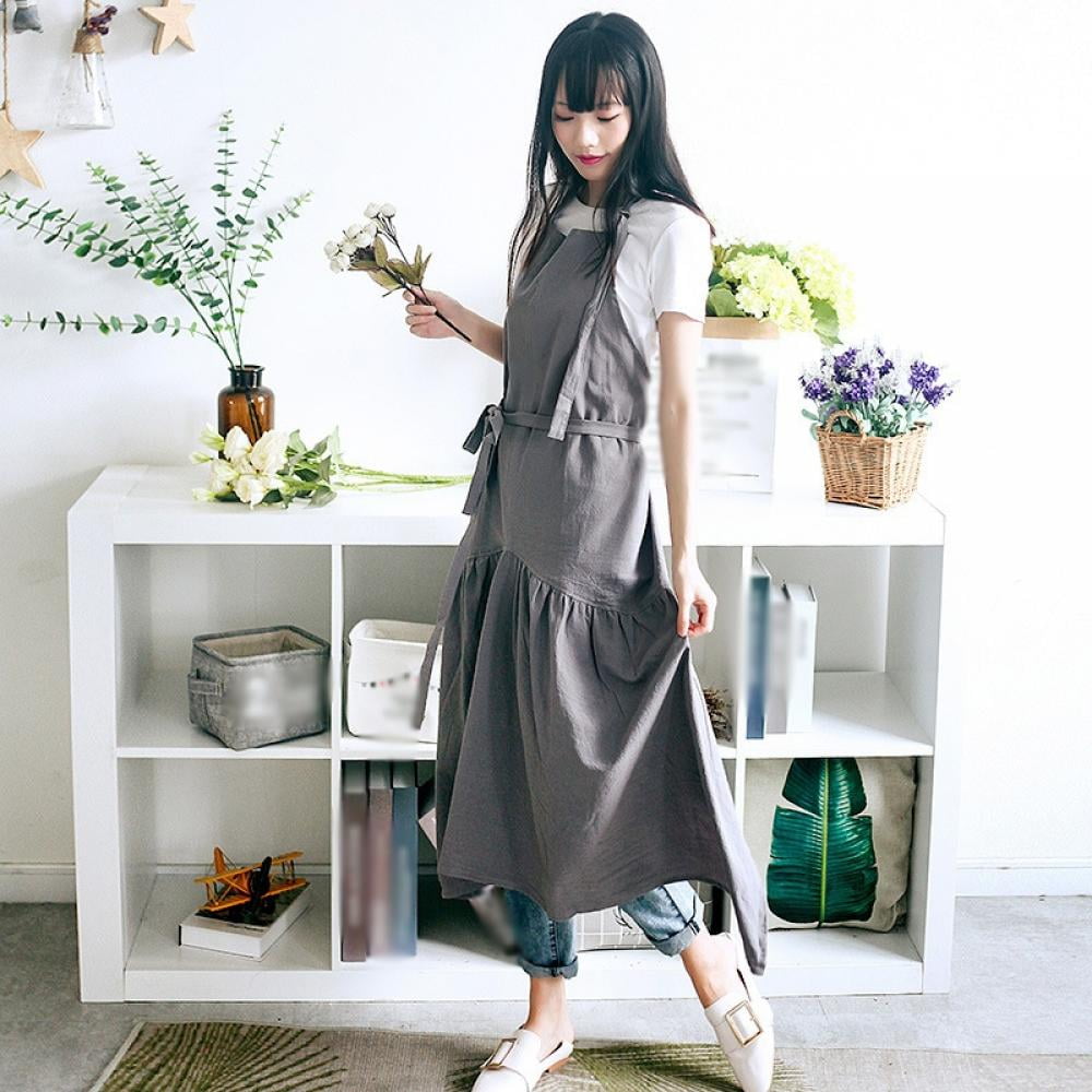 Japanese Style Fishtail Apron for Women Soft Cotton Artists Smock Kitchen Baking with Pockets
