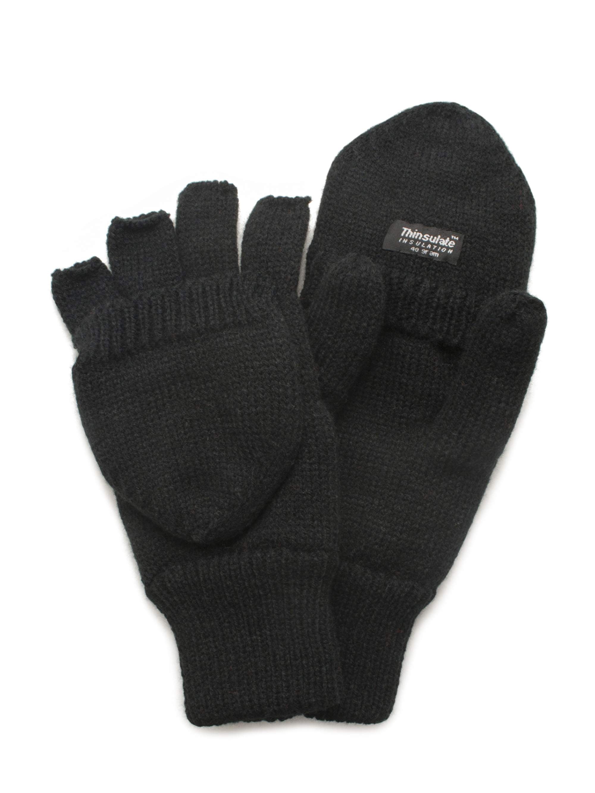 Mens 3M Thinsulate 40 gram Thermal Insulated Winter Knit Black Fingerless Gloves 