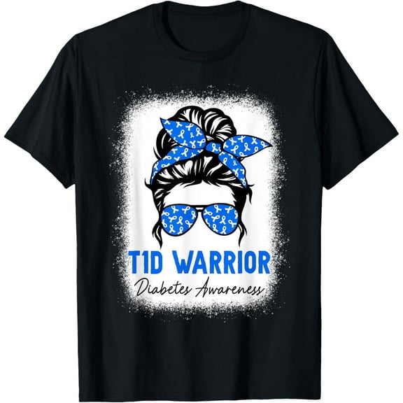 Type 1 Diabetes T1D Warrior Blue Ribbon Diabetes Awareness T-ShirtMen's and women's gift, black and white T-shirt, size: Extra large S-4XL