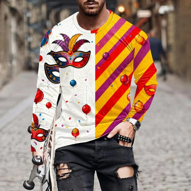Amzcrzy Sudadera Para Hombre, Moda Para Hombre, Estampado De Carnaval, Blusa De Manga Larga Y Cuello Redondo, Beige, S