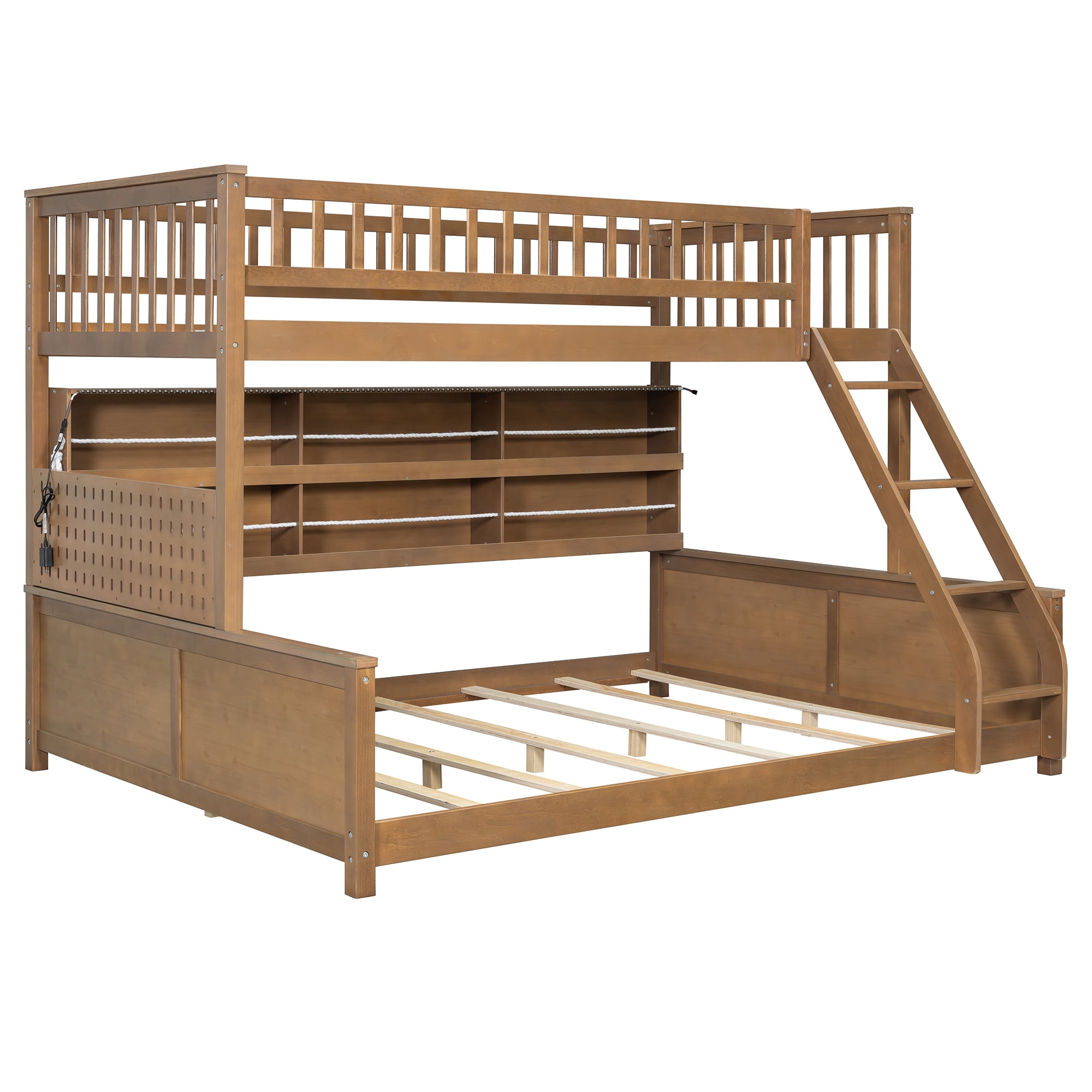 Twin XL over Queen Bunk Bed with Integrated Side Storage Shelves and Color-Changing LED Lights, Solid Wood Bunk Bed Frame with Integrated Shelving and Pegboard for Kids Teens Adults