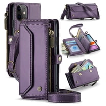 Compatible with iPhone 11 Rugged PU Leather Wallet Case, Card Slots Zipper Pocket Lanyard Crossbody Strap Kickstand RFID Blocking Full Body Protection Cover for iPhone 11, Purple