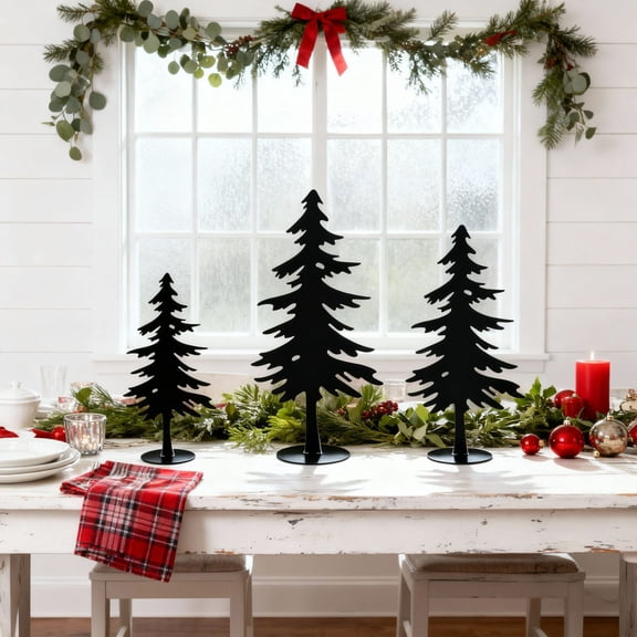 Eolstice Black Metal Christmas Tree Tabletop Decor, 3 Piece Winter Shelf Ornament Set, Indoor Holiday Decoration, Small Desktop Display