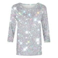 thumbnail image 5 of miqiqism Woman Casual 3/4 Sleeve Shirts Trendy Glitter Pullover Tops Round Neck Tunic Tshirts Summer Loose Top Outfits,01_White,XX-Large, 5 of 5