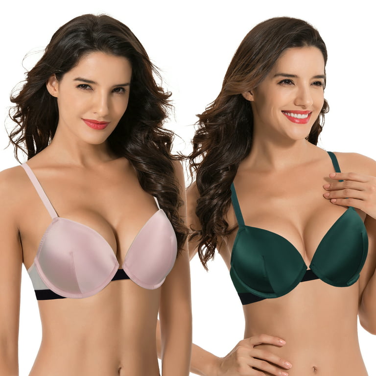 Curve Muse Women's Plus Size Add 1 and a half Cup Push Up Underwire Lace  Bras -2PK-GREEN,LT PINK-42B