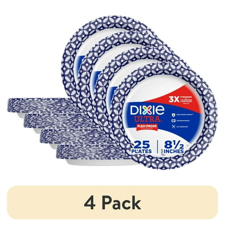(4 pack) Dixie Ultra Compostable Paper Plates, 8.5 in, 25 Count, 3X Stronger*, Multicolor, Disposable Plates