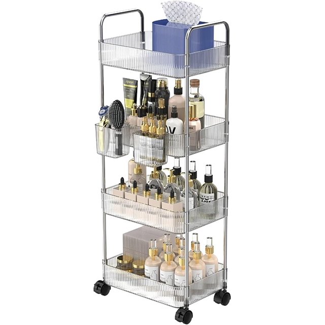 Carrito Organizador con Ruedas, Carrito Auxiliar de 4 Niveles, Organizadores de Acrilico Transparente con 4 Cestas Colgantes, Almacenamiento para Sala, Cocina, Oficina,Baño
