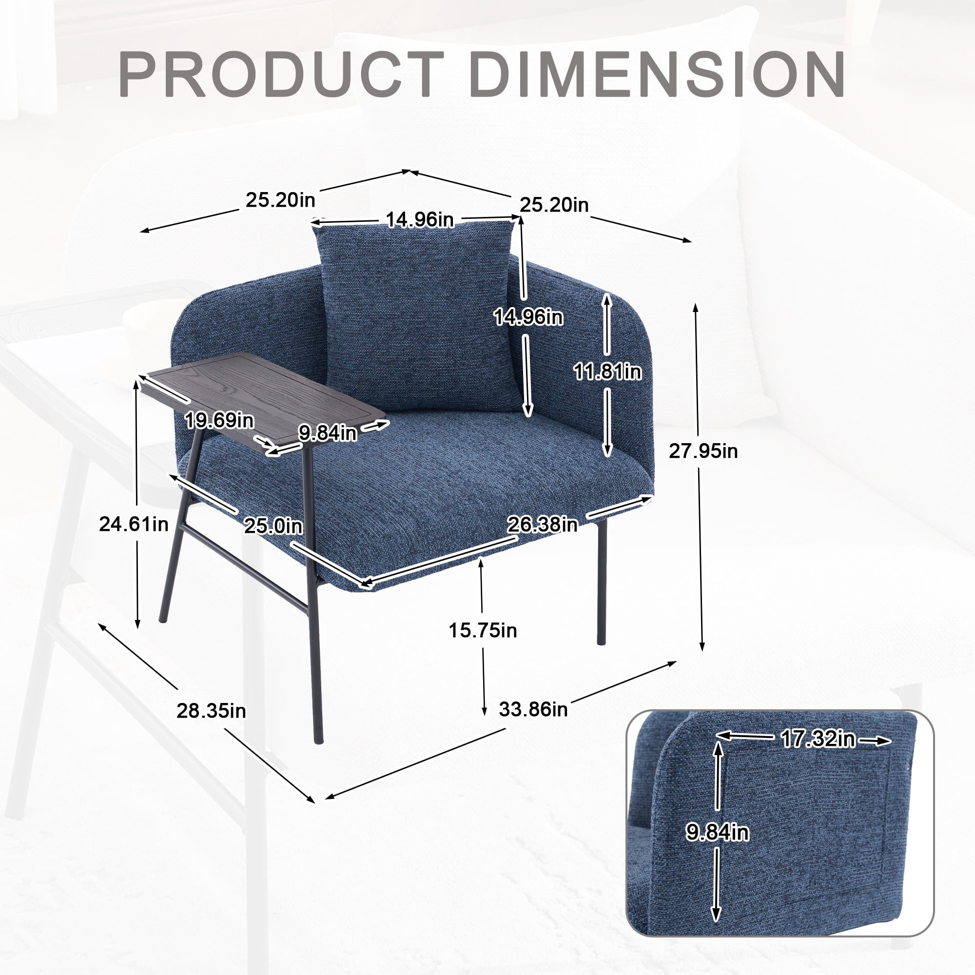 Upholstered Accent Lounge Chair with Small Table and Back Pillow, Modern Single Sofa Armchair with Metal Frame and Side Pockets, Navy Reading Seating for Bedroom Home Office