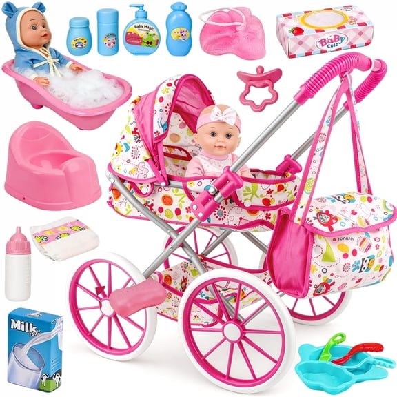 LINXUXIE Baby Doll Stroller Set Toys with Bathtub,12" Doll and Doll Accessories, Baby Stroller Toys for 2 3 4 Year Old Girls Birthday Gifts