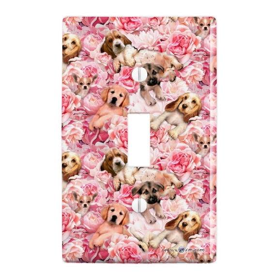 Puppies Dogs Pink Flowers Pattern Plastic Wall Decor Toggle Light Switch Plate Cover