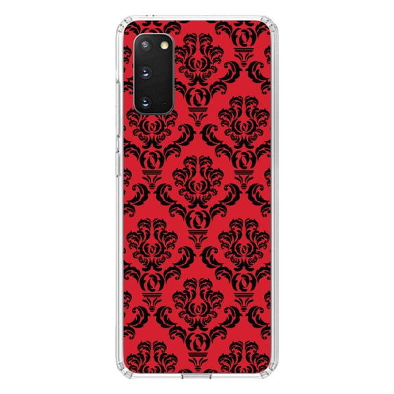 DistinctInk Clear Shockproof Hybrid Case for Galaxy S20 ULTRA / 5G (6.9" Screen) - TPU Bumper, Acrylic Back, Tempered Glass Screen Protector - Red Black Damask Pattern - Floral Damask Pattern