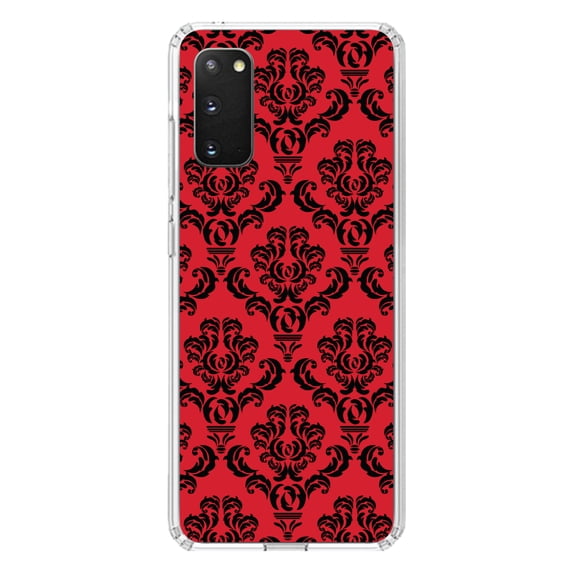 DistinctInk Clear Shockproof Hybrid Case for Galaxy S20 / S20 5G (6.2" Screen) - TPU Bumper, Acrylic Back, Tempered Glass Screen Protector - Red Black Damask Pattern - Floral Damask Pattern