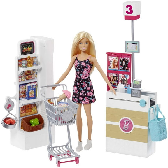 Barbie Doll and Supermarket Playset with 25 Grocery Store and Food-Themed Accessories
