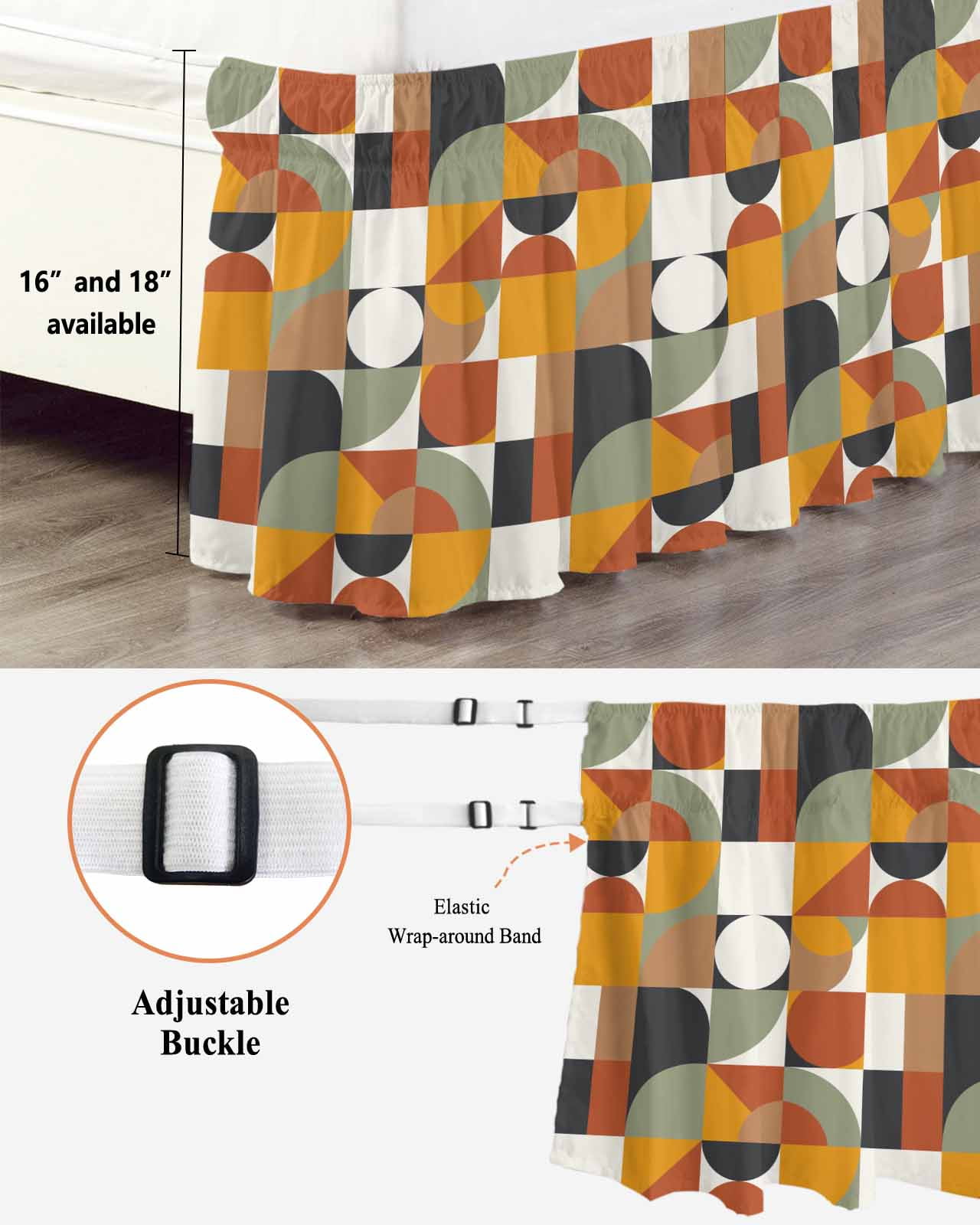 Nordic Retro Ruffle Bed Skirt California King Size Orange Black White Geometric Abstract Art Adjustable Elastic Dust Bed Skirts Wrap Around Bedskirt Wrinkle Free Easy Fit with 16 Inch Drop