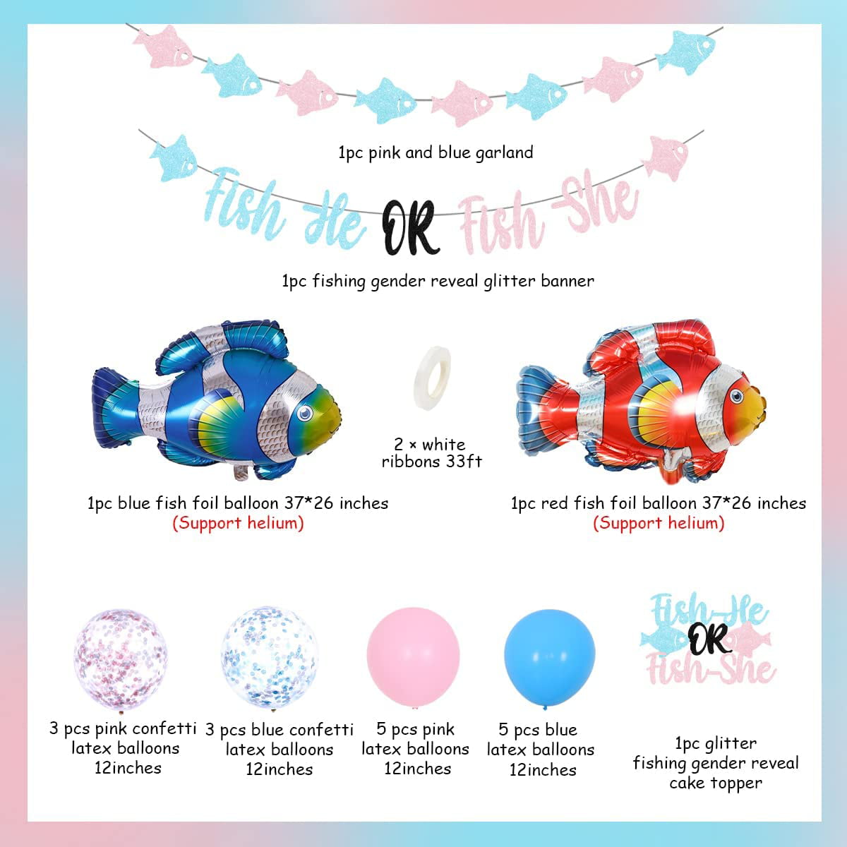 Fish Gender Reveal Decoration Boys or Girls Fish-He or Fish-She Gender  Reveal Party Supplies Pink Blue Gender Reveal Banner Cake Topper Balloons  Decor for Fishing Theme Baby Shower 