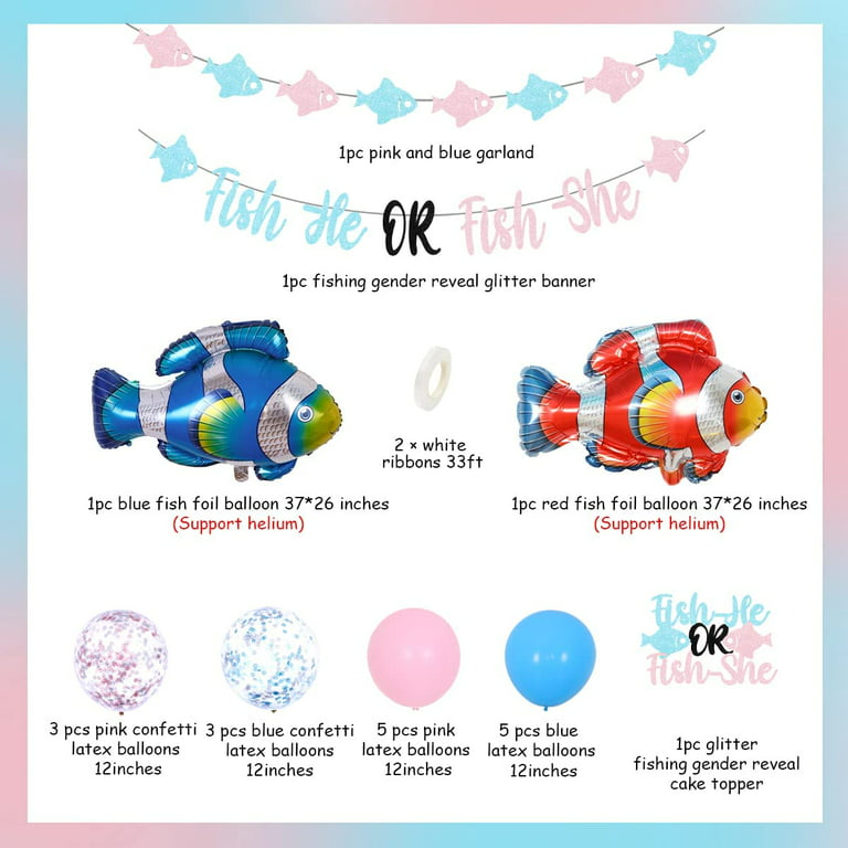 Fish Gender Reveal Decoration Boys or Girls Fish-He or Fish-She Gender  Reveal Party Supplies Pink Blue Gender Reveal Banner Cake Topper Balloons  Decor
