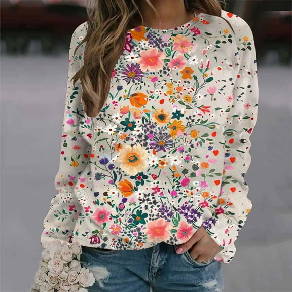 CLOISE Sweatshirt Women Floral Graphic Pullover Sweatshirts Crew Neck Long Sleeve Hoodies Shirts Multicolor Raglan Basic Tops Fall Cute Preppy Clothes XL