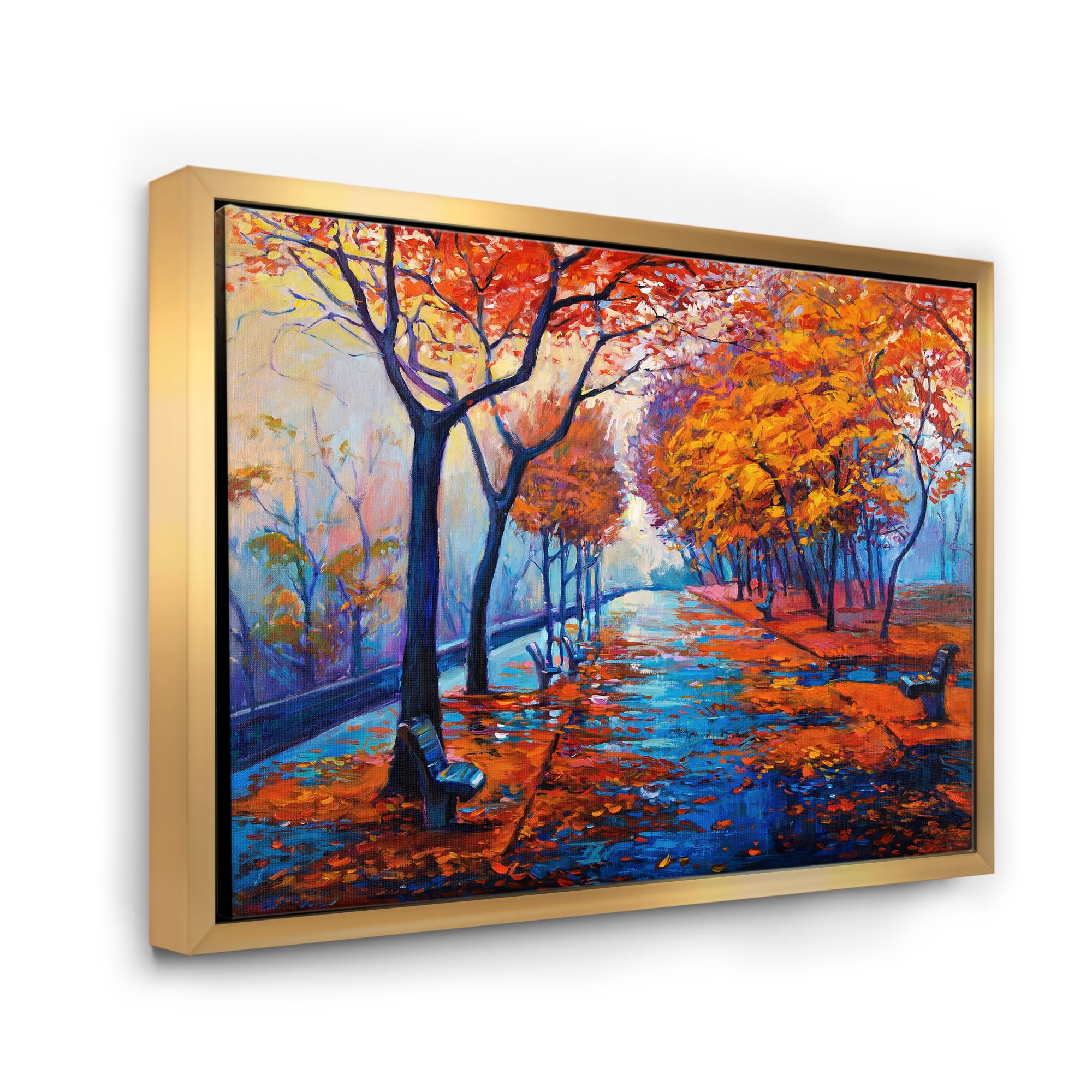 Designart 'Orange Autumn Landscape With Little Road III' Traditional Framed Canvas Wall Art Print