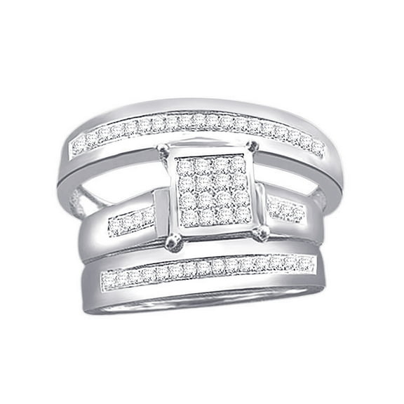 AFFY White Natural Diamond Engagement & Wedding Trio Band Ring Set In 10k White Gold (0.33 Cttw)