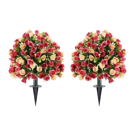 KUNPENG Topiary Outdoor set of 2 Artificial Garden Stakes, Faux Rose Topiary Trees for Outdoor Yard Decor, 24" Weather Resistant Plastic Flower Stakes for Patio Pathway & Home Planter Accent