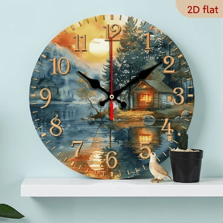2D Flat 1pc 10Inch Wooden Wall Clock Moon, Lake, And Forest Element, Wall Art Decor for Home Farmhouse Living Room Pub Studio Club Cafe Coffee Shop Office, Gift.