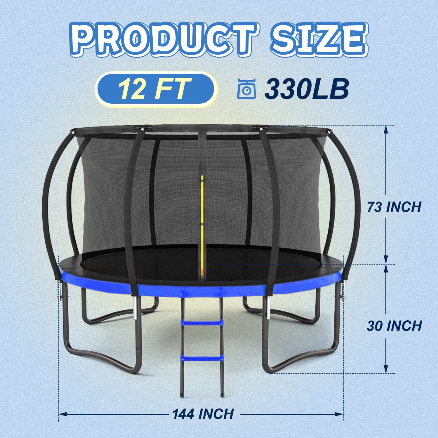 12FT Outdoor Trampoline with Inner Safety Enclosure Net, Ladder & PVC Spring Cover Padding, Blue Trampoline for Kids & Adults