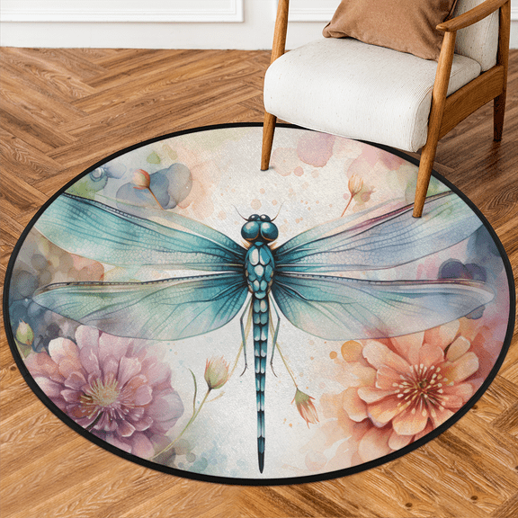 CURLYOOT Round Rug 3ft Floral Dragonfly Area Rug, Washable Circle Mat Non Slip Floor Carpet Mat, Soft Indoor Rugs for Entryway Living Room Dining Room Bedroom