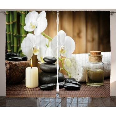 Ambesonne Spa Themed Curtains 2 Panel Set, Relaxing Stones Flowers, 108" x 84", White Black Green