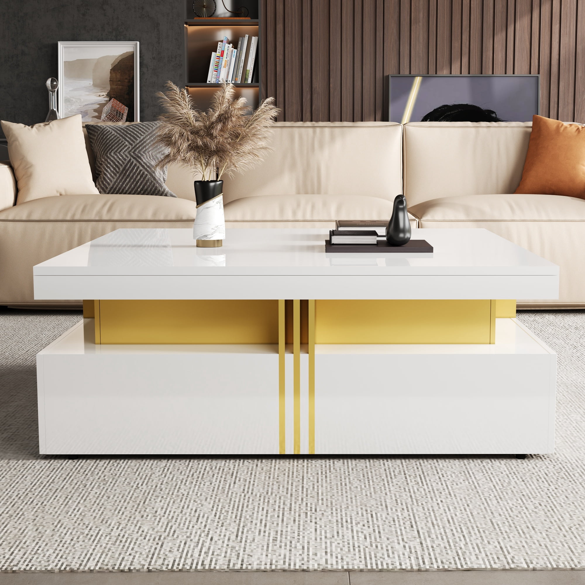 Euroco Modern Glossy Square Storage Coffee Table with 4 Drawers, 43.3", White