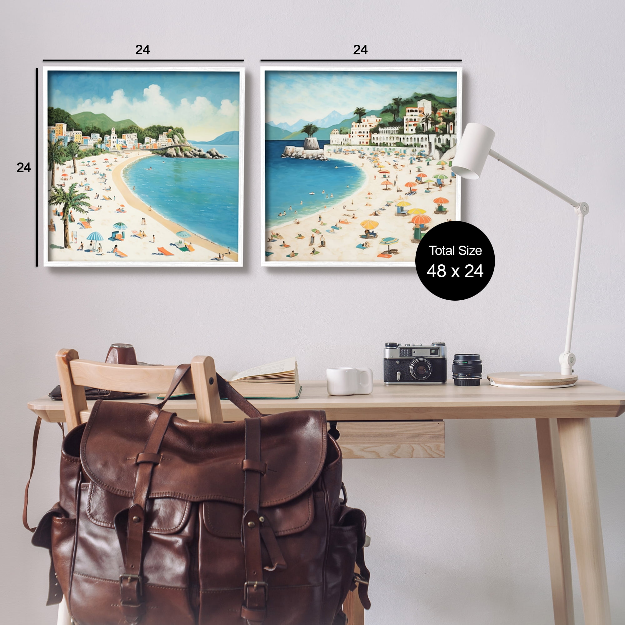 Stupell Industries Beach Goers on Curved Shore Landscape Painting White Framed Art Print Wall Art, 24 x 24, Set of 2