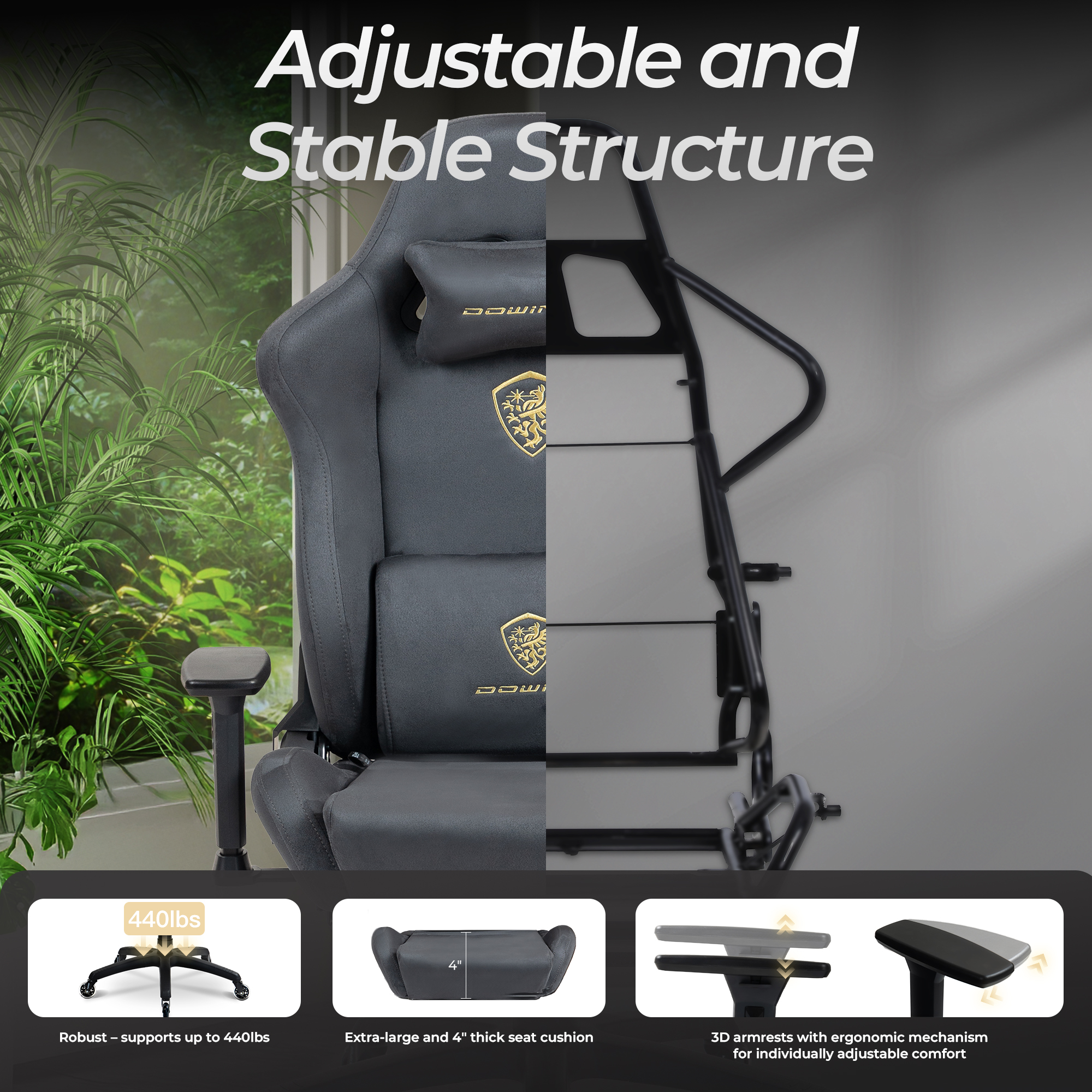 GOOSEA Breathable Suede Fabric Gaming Chair, Big and Tall Ergonomic Game Chair with Adjustable Massage Lumbar Support,3D Armrests,Retractable Footrest and Smooth PU Wheels, Green