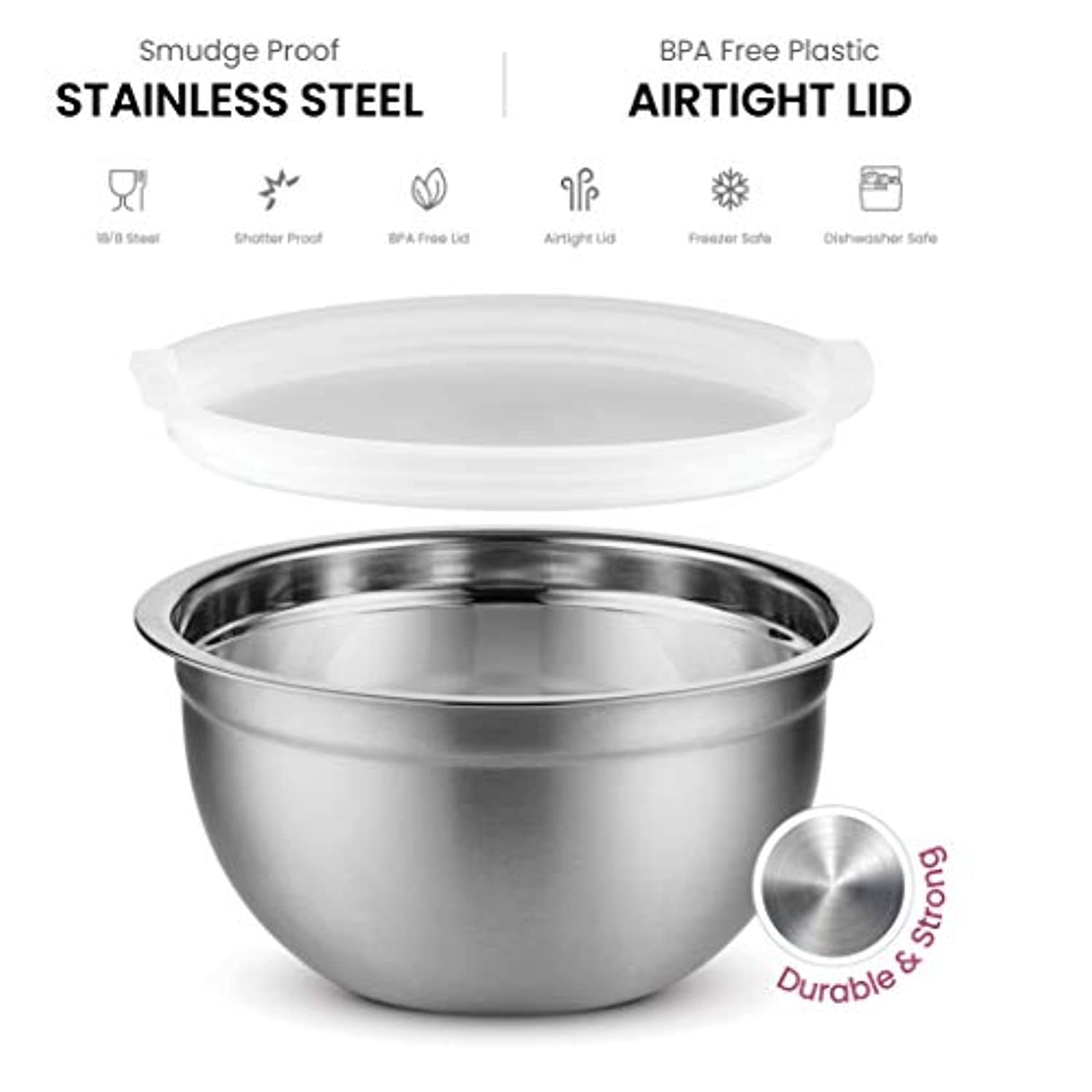 TeamFar Mixing Bowls with Lids Set, 1.5 / 2.5 / 3 / 5 / 8 QT, Stainless  Steel Large Metal Nesting Salad Bowl Set of 5, Healthy & Sturdy, Non-slip  Bottom 