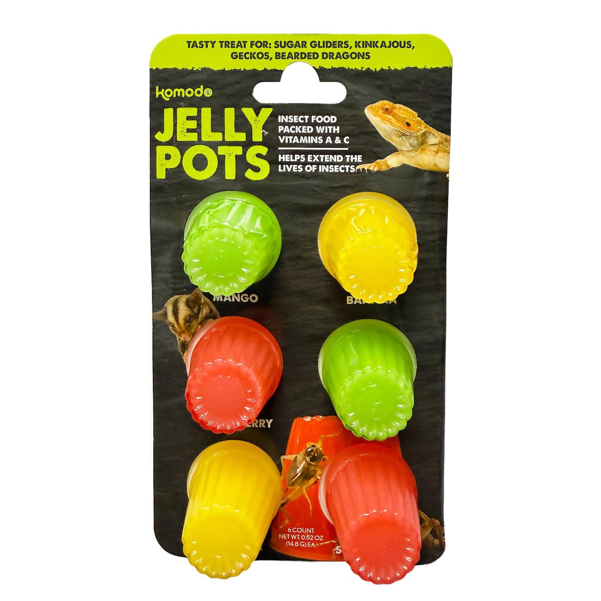 Komodo Jelly Pots, Multi-Color 6 Pack, Fruit Flavor Food for Crickets and Small Animals