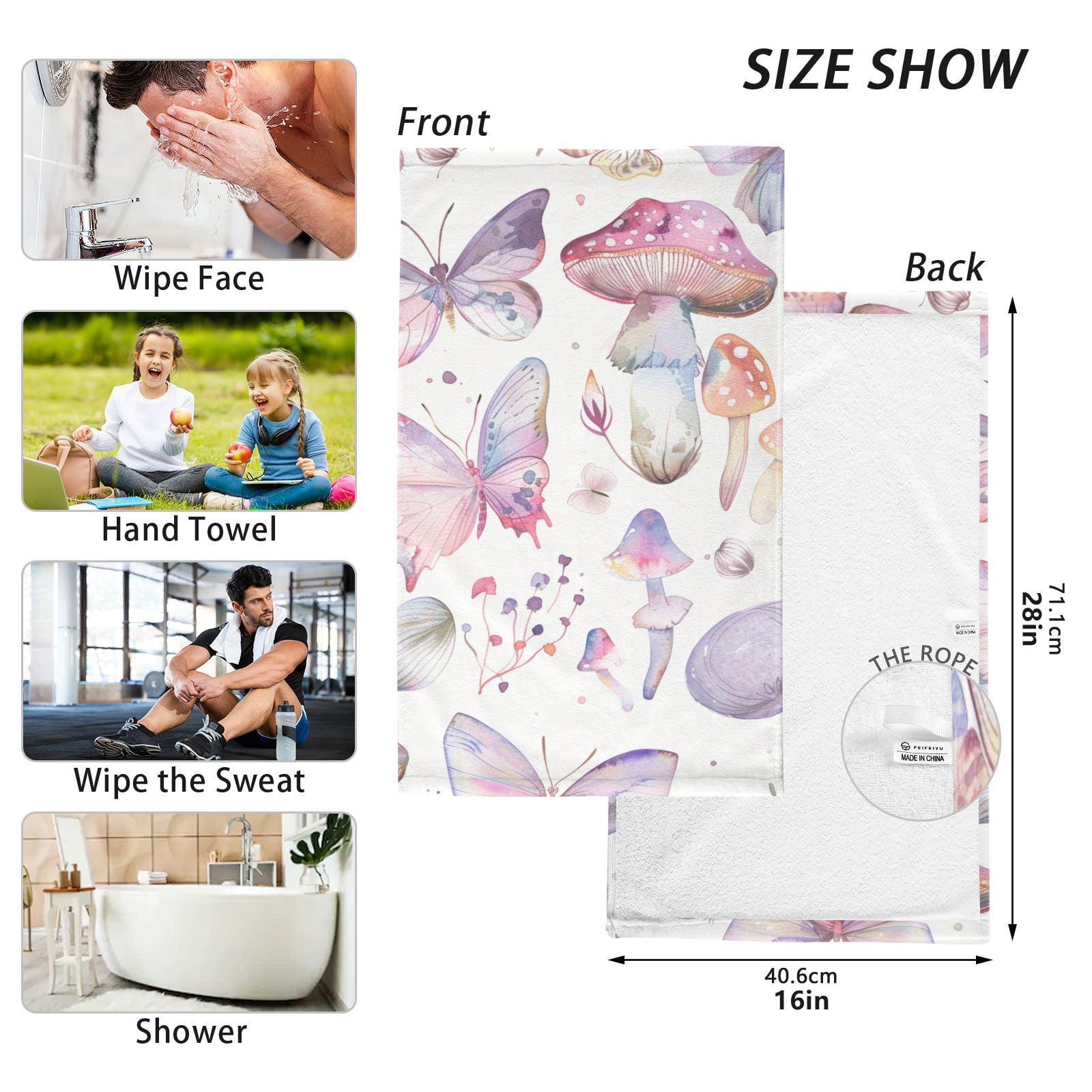 Watercolor Butterflies Mushrooms Hand Towels Cotton Bath Towels Large Face Towels Absorbent for Bathroom 2 Packs