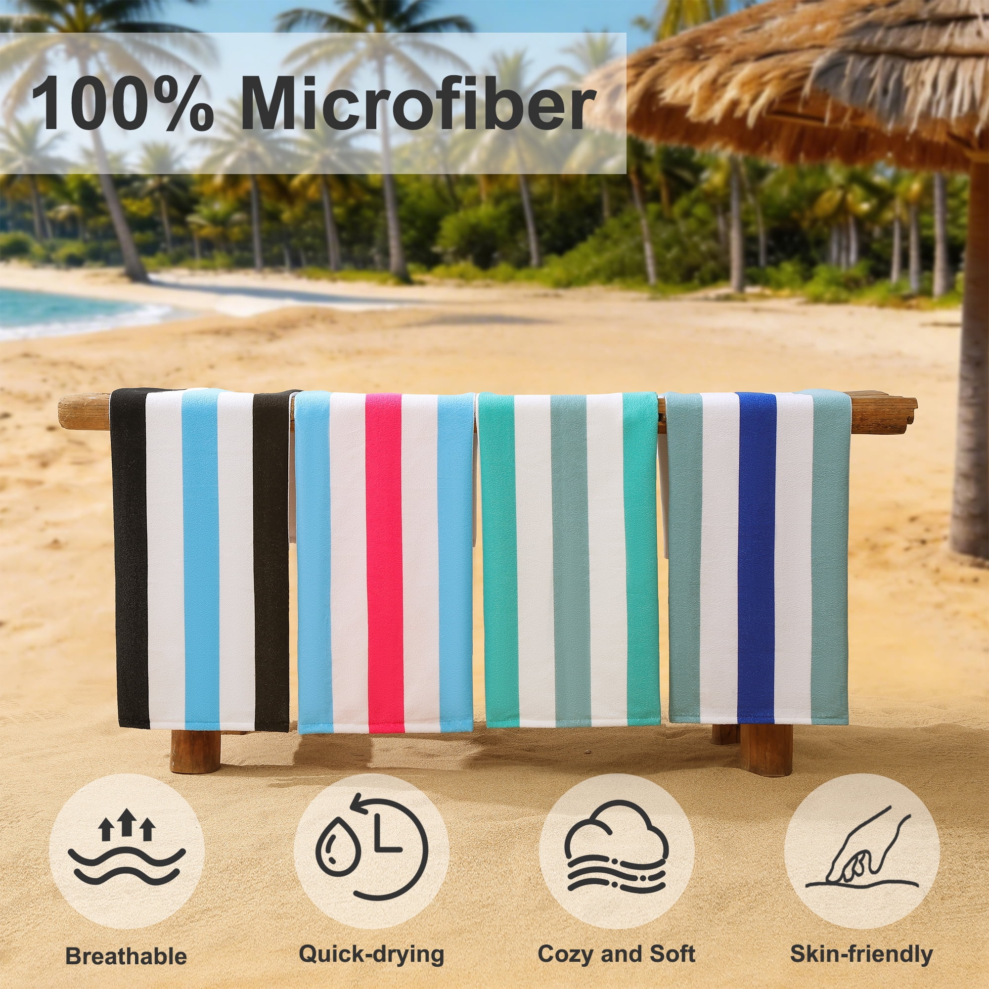 Smuge 4 Pack Cabana Stripe Beach Towels, 60x30 inches Microfiber Lightweight Outdoor Large Swim Towel for Adults (Blue Black)